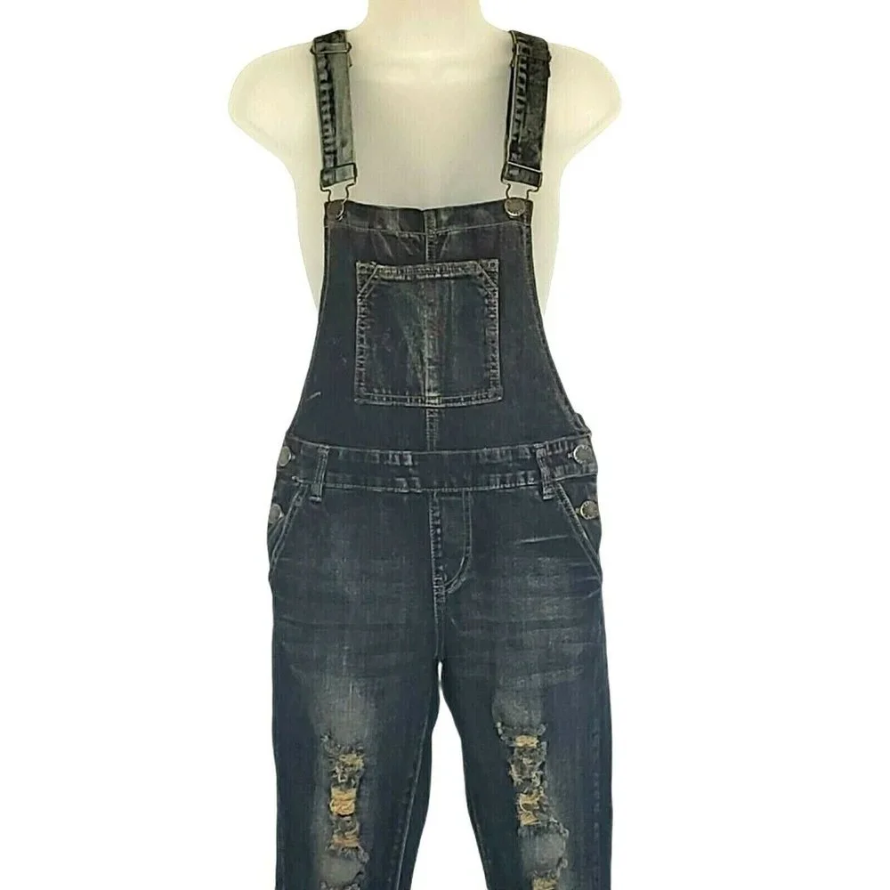 VIP Jeans Distressed Dark Wash Denim‎ Bib Overalls